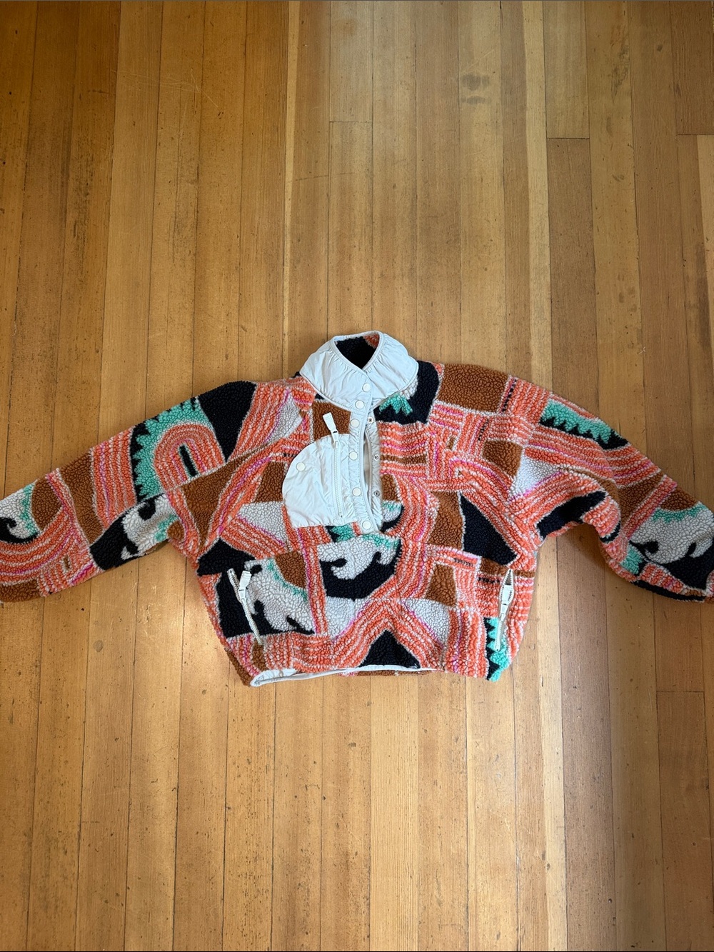 Free People Coral, Black, White & Teal Patterned Zip-Up Sweater